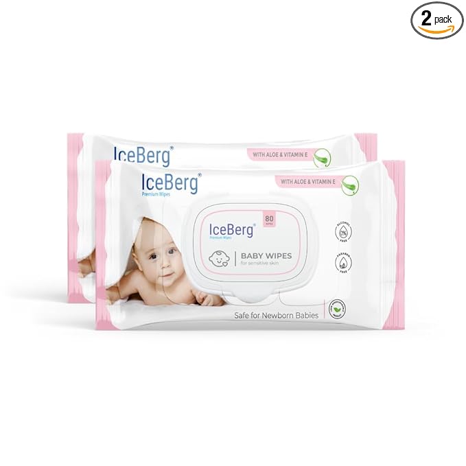 ICEBERG Sensitive Baby Wipes — Unscented, 99% Water (Pack of 80)