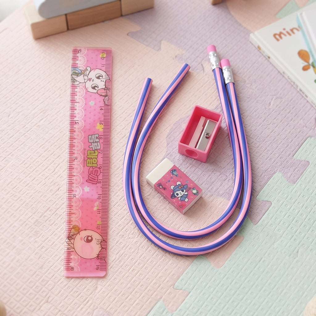 Kids School Stationery Kit  5 In 1 Cute Cartoon Set With Flexible Pencils