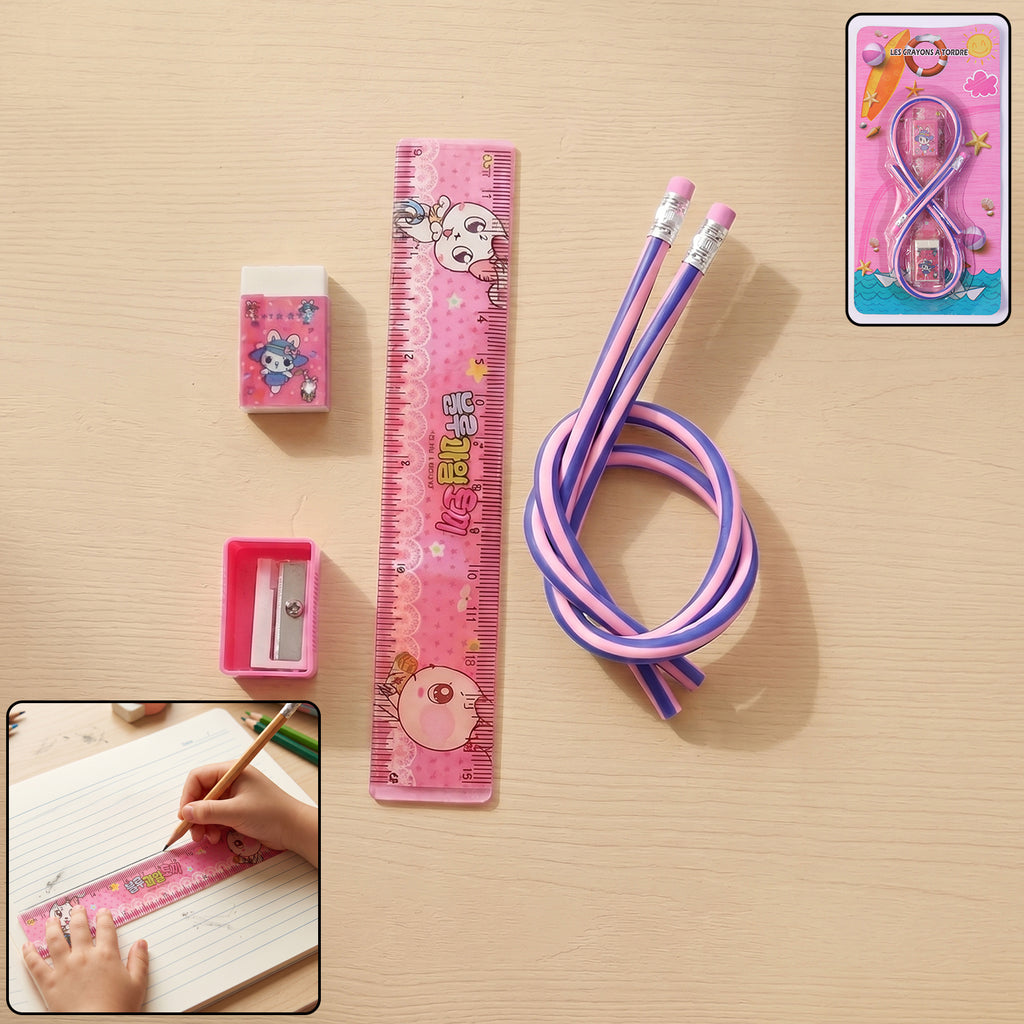 Kids School Stationery Kit  5 In 1 Cute Cartoon Set With Flexible Pencils